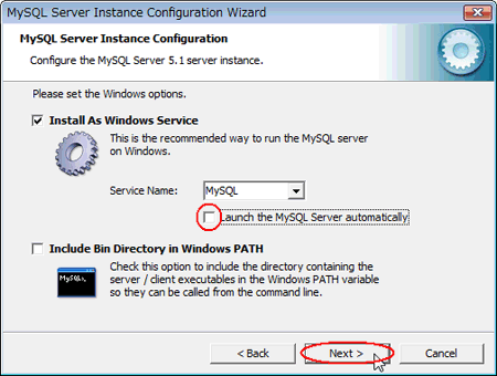 図04：「Launch the MySQL Server automatically」のチェックをオフにしてから［Next>］をクリック
