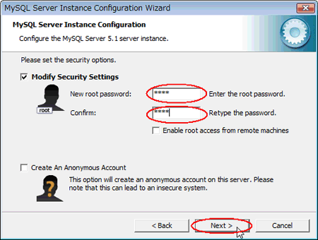 図05：「New root password」と「Comfirm」を入力し［Next>］をクリック