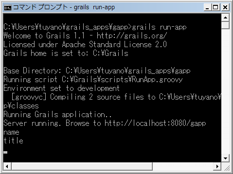 図2 grails run-appで実行した場合、コマンドプロンプトにバリデーションではじかれたフィールド名が書き出される。